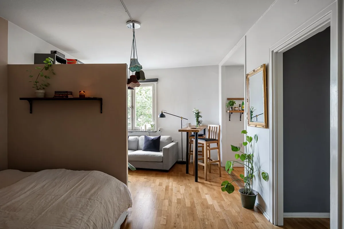 Studio avec canapé convertible et espace de travail compact