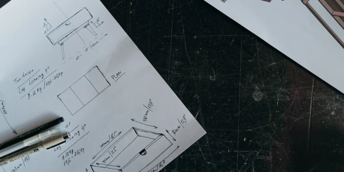 Mains anonymes esquissant des plans de rénovation avec règle et échantillons de matériaux