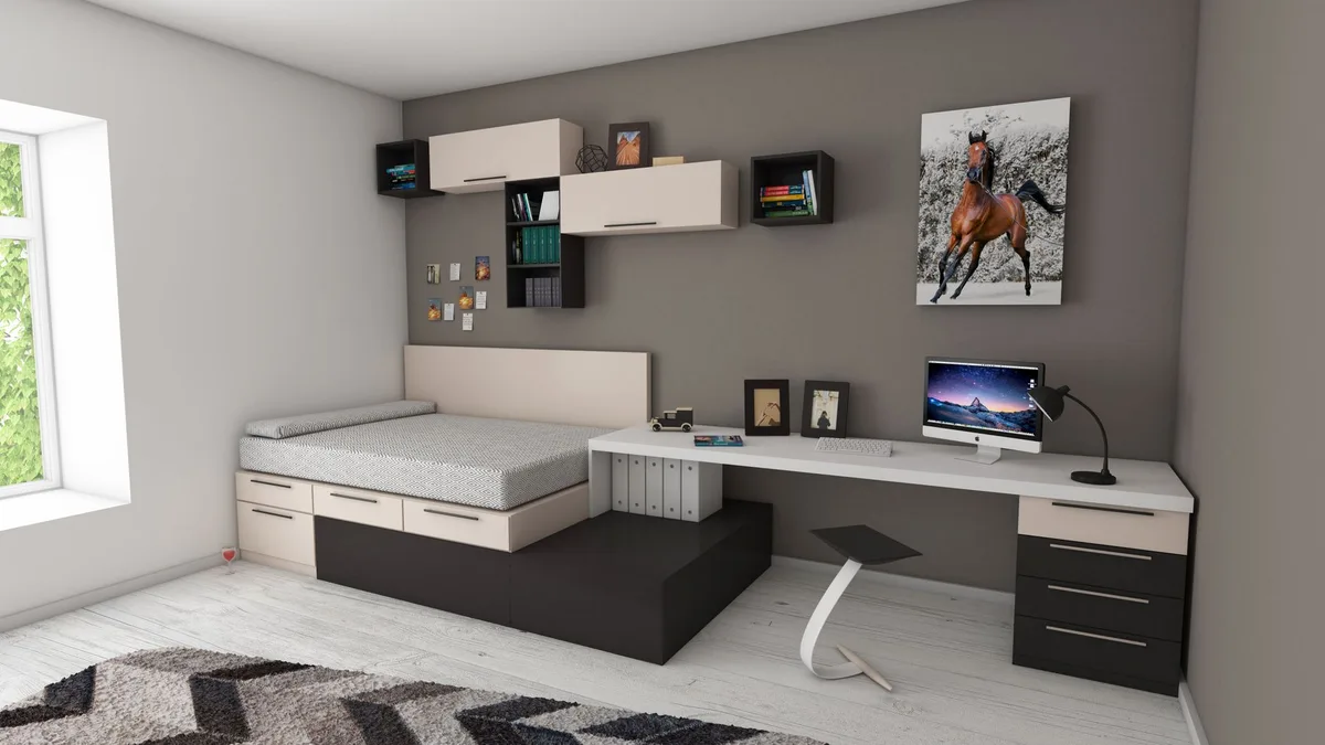 Lit avec rangement intégré sous le cadre dans une petite chambre