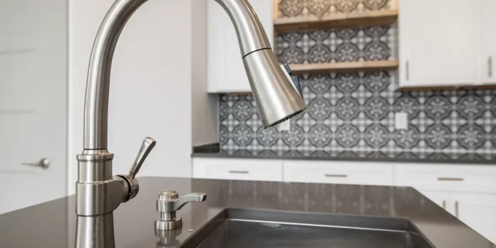 Versement d'eau chaude dans un évier de cuisine pour déboucher une canalisation