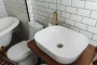 Cuvette de toilettes avec dépôts de calcaire blanc et jaune, main gantée tenant une brosse