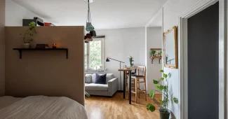 Petit salon moderne avec meubles multifonctions et rangements intégrés