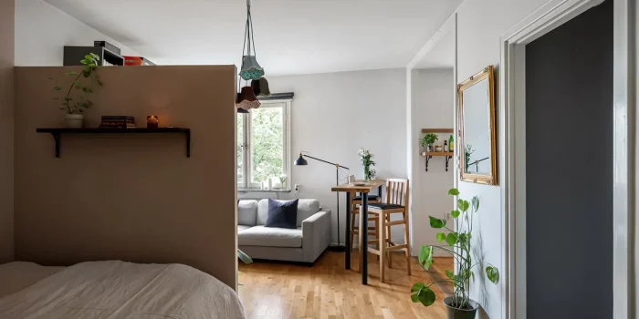 Petit salon moderne avec meubles multifonctions et rangements intégrés