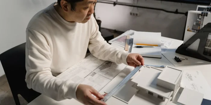 Main d'architecte esquissant des plans sur papier dans un éclairage studio doux