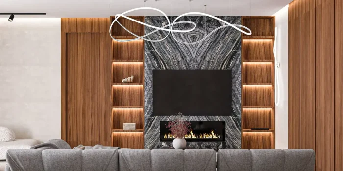 Salon aux tons neutres avec canapé beige, textures variées et lumière naturelle douce