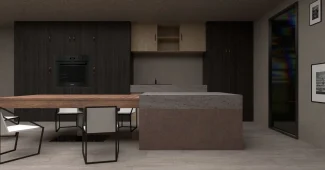Intérieur contemporain avec menuiseries en bois intégrées et panneaux structurels dans un bâtiment moderne