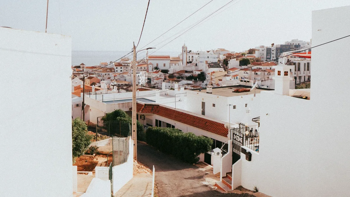 Vue panoramique d'une ville côtière portugaise avec architecture traditionnelle