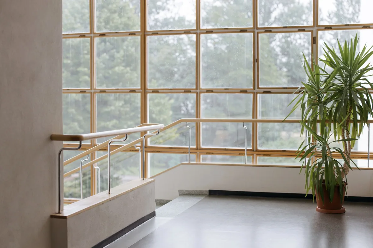 Intérieur lumineux avec grandes fenêtres laissant entrer la lumière naturelle et matériaux en bois clair.