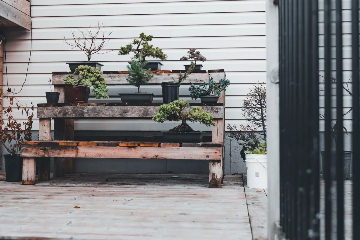 Petite terrasse optimisée avec étagères murales, mobilier multifonction et plantes grimpantes
