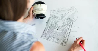 Bureau d'architecte avec plans techniques et croquis éparpillés