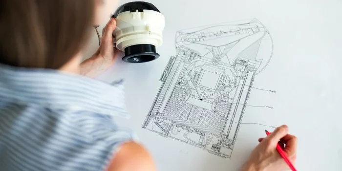 Bureau d'architecte avec plans techniques et croquis éparpillés