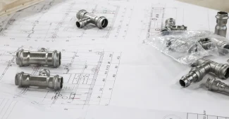 Technicien à une table avec plans de bâtiment, ordinateur et compteur d'énergie en plein jour