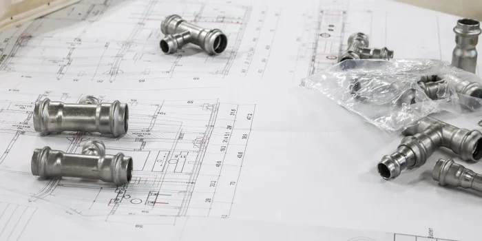 Technicien à une table avec plans de bâtiment, ordinateur et compteur d'énergie en plein jour