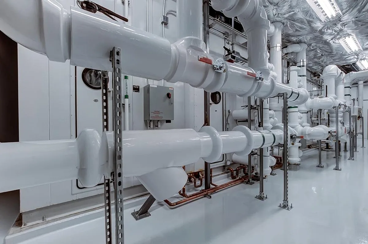 Installation d'un adoucisseur d'eau montrant les raccordements, l'évacuation et l'emplacement technique