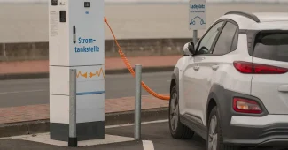 Intérieur moderne avec borne de recharge électrique, pompe à chaleur et panneaux solaires visibles par la fenêtre