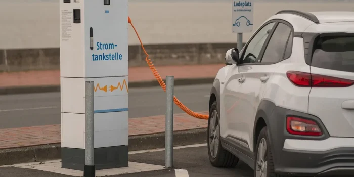 Intérieur moderne avec borne de recharge électrique, pompe à chaleur et panneaux solaires visibles par la fenêtre