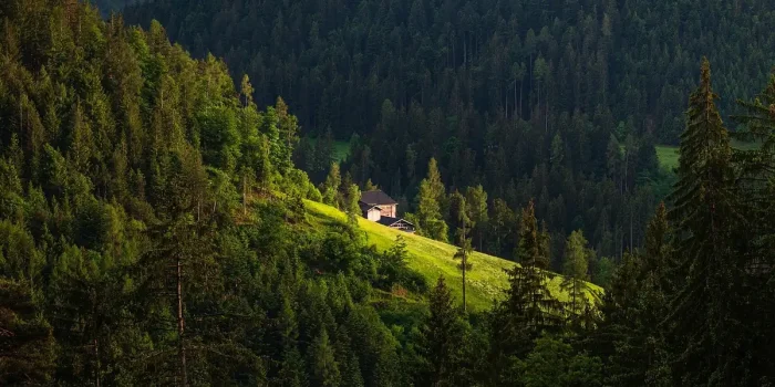 Maison semi-enterrée intégrée dans une colline avec murs en pierre et toit végétalisé