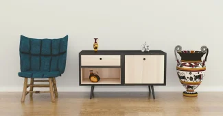 Intérieur automnal avec fauteuil bordeaux, coussins colorés et bois chaud