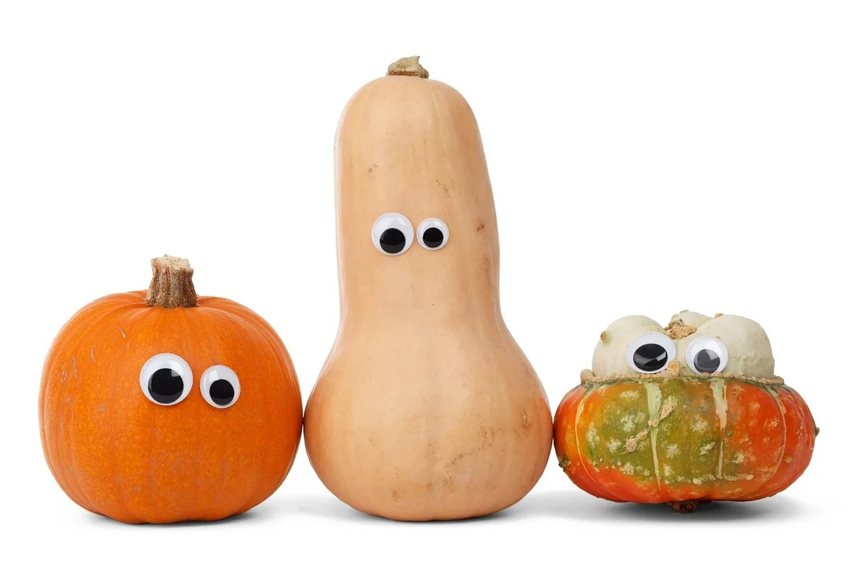 Trio de courges disposées par taille sur un pas de porte